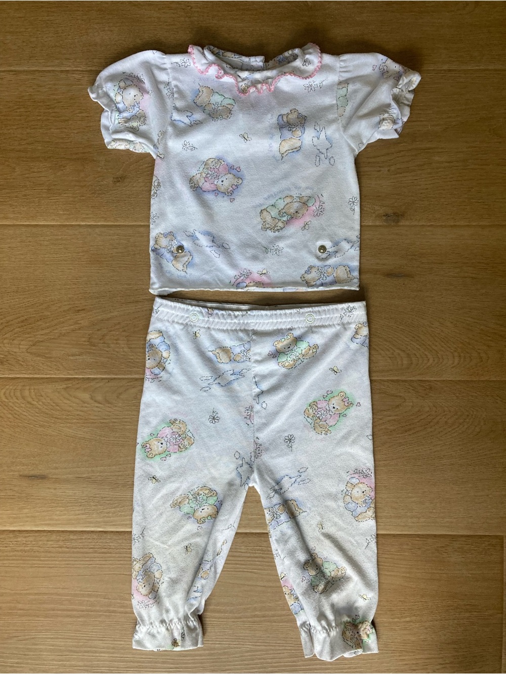 Vintage Carter's White Pajama Set with Pastel Bear Print and Pink Trim